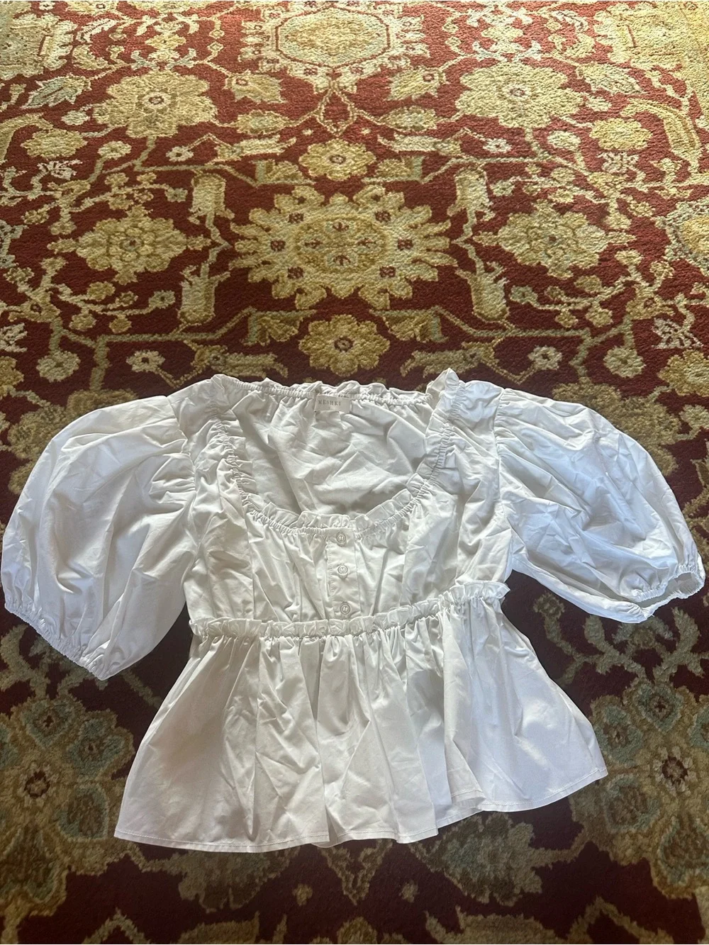 Meshki White Puff Sleeve Peplum Top